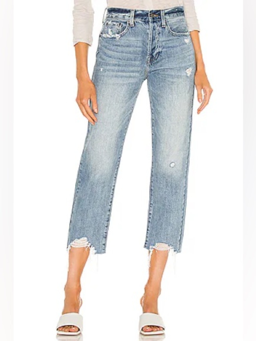 PISTOLA Charlie High Rise Straight Leg Jeans Blue Skies Distressed Raw Hem 28